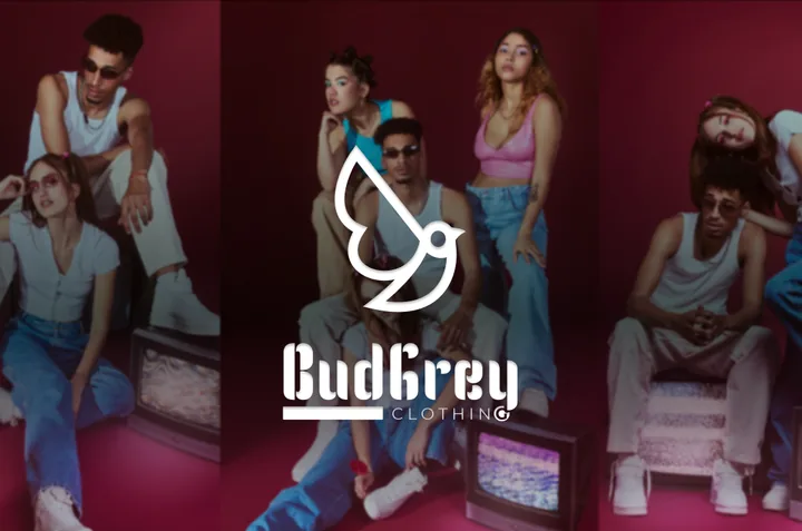 BudGrey Clothing logo over a campaign photo of models