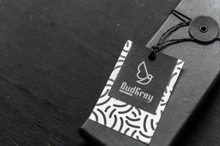 BudGrey hang tag on a dark gift box