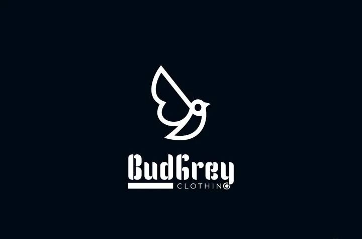 BudGrey logo in white on navy