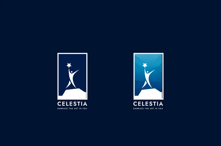 Celestia badge logo on navy and on blue