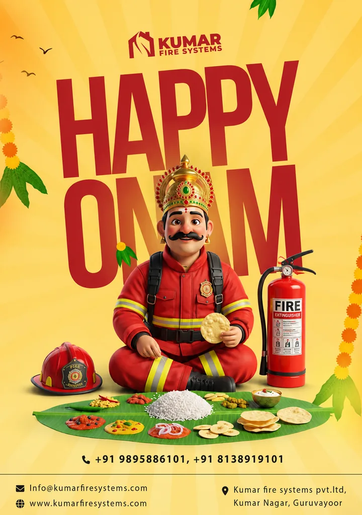 Kumar Fire Systems Onam greeting with a firefighter at a festive meal