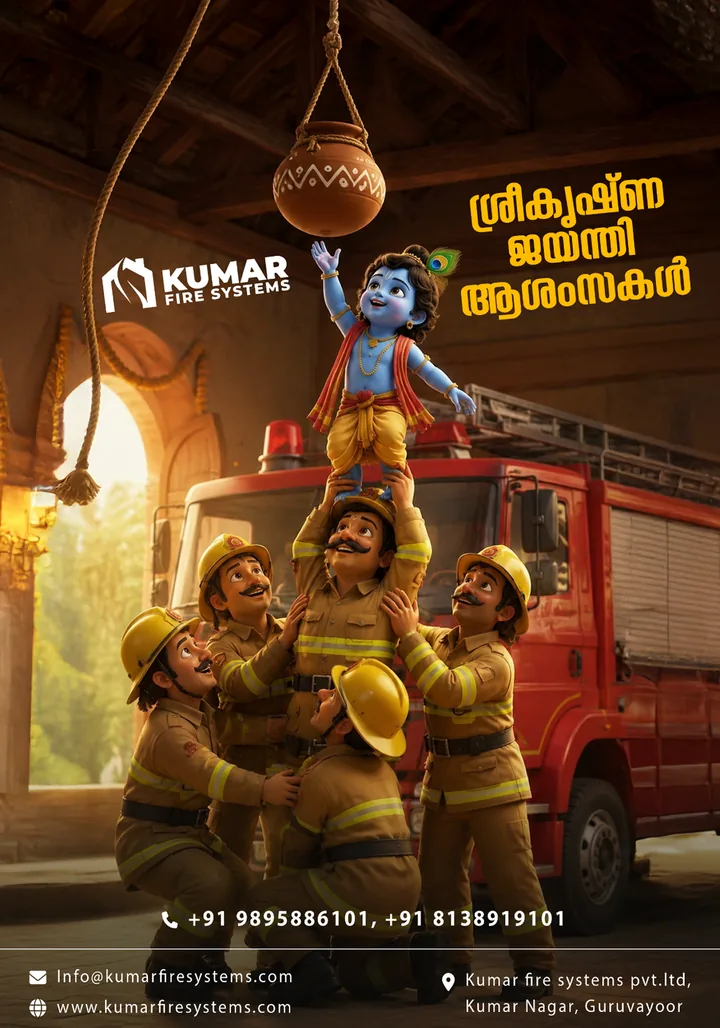 Kumar Fire Systems Krishna Jayanthi greeting with firefighters lifting a child to a pot