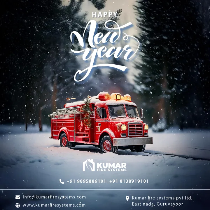 Kumar Fire Systems New Year greeting with a fire engine in the snow
