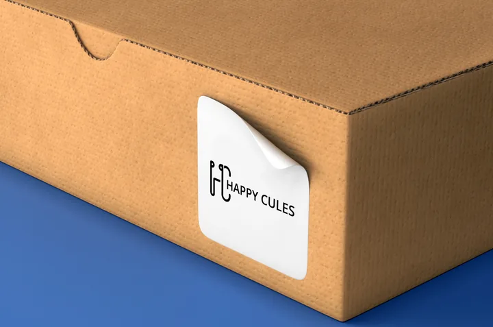 Happy Cules sticker seal on a kraft box
