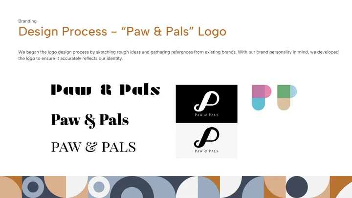 Paw & Pals logo design process with early type studies