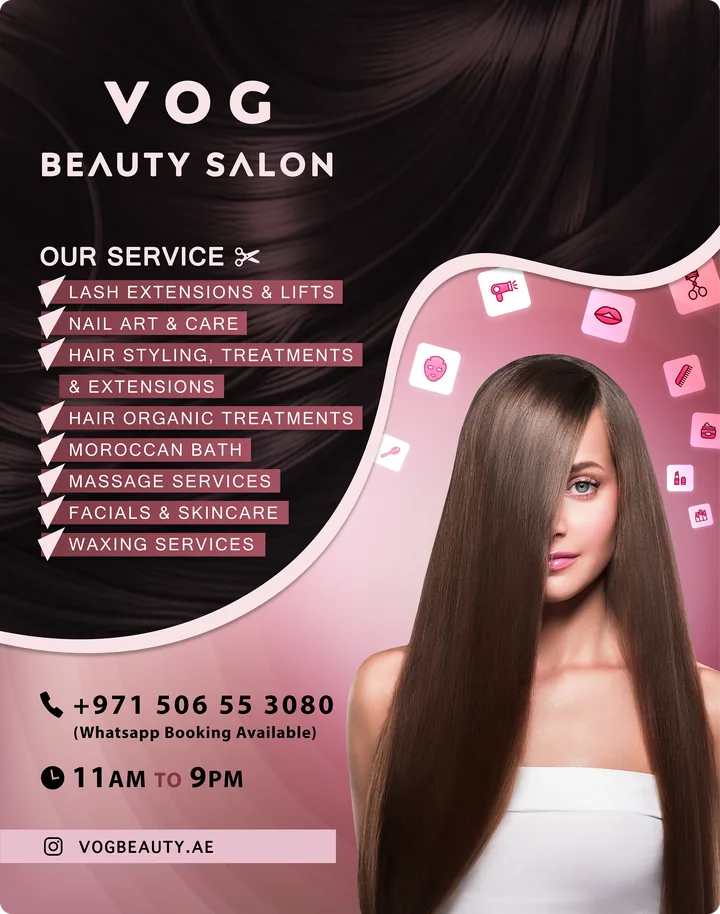 VOG Beauty Salon shopfront sign listing services, phone number and opening hours